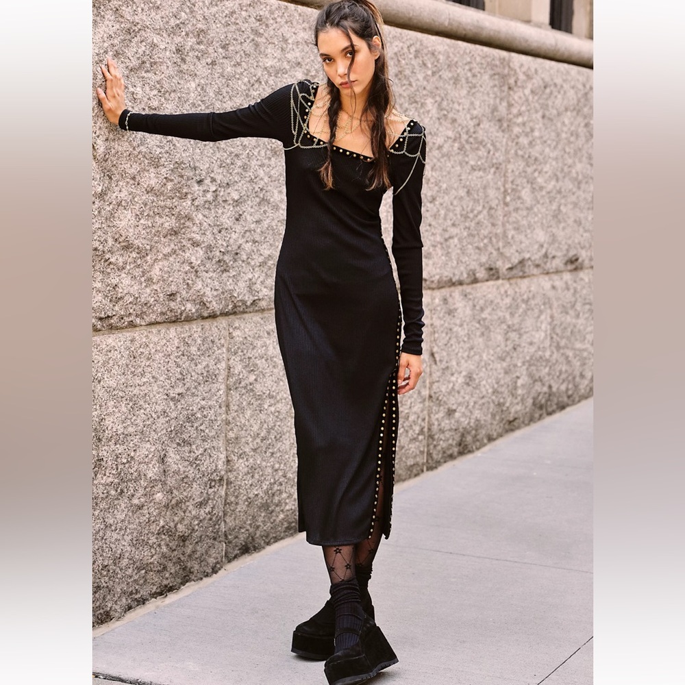 Black Long Sleeve Midi Dress with Stud & Chain Detail